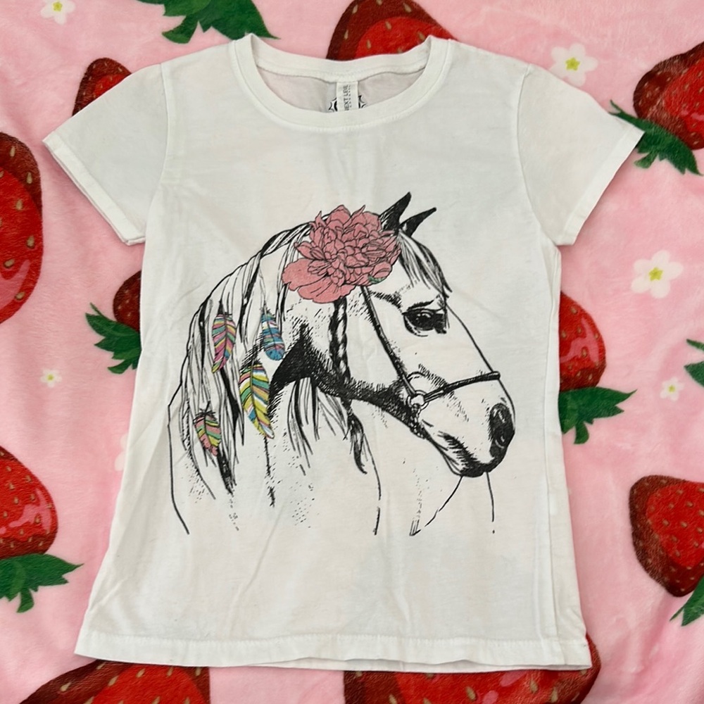 NEXT LEVEL Girls White Horse Graphic Tee Pink Floral Equestrian Shirt Size 7/8